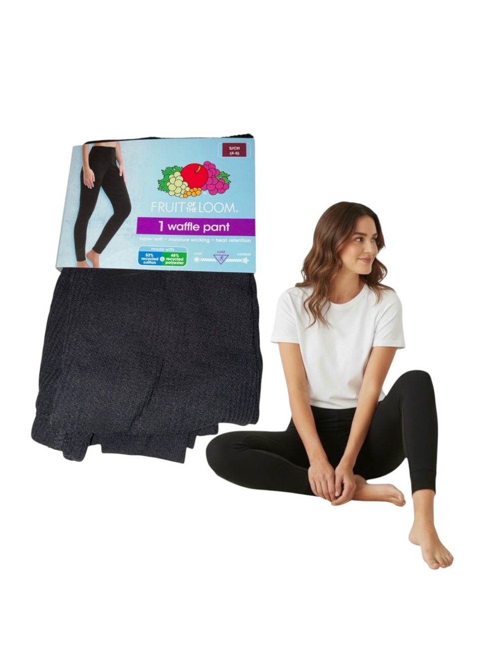 Fruit of the Loom Women's Black Waffle Knit Thermal Pants